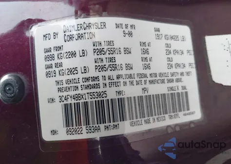 2001 Chrysler Pt Cruiser из США, поврежденный, VIN 3C4FY4BBX1T553025